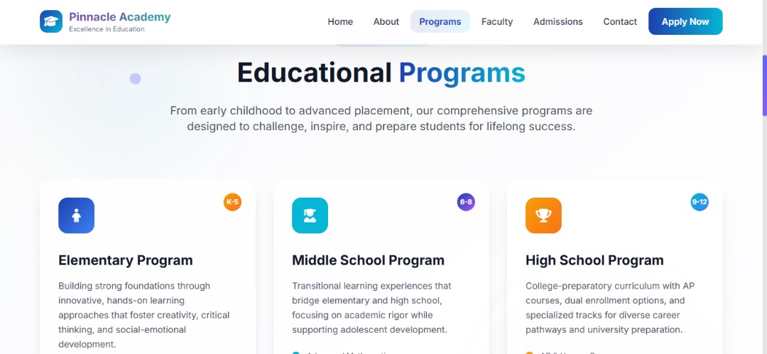 Demo school website homepage featuring modern educational interface with student resources, course information, and institutional branding